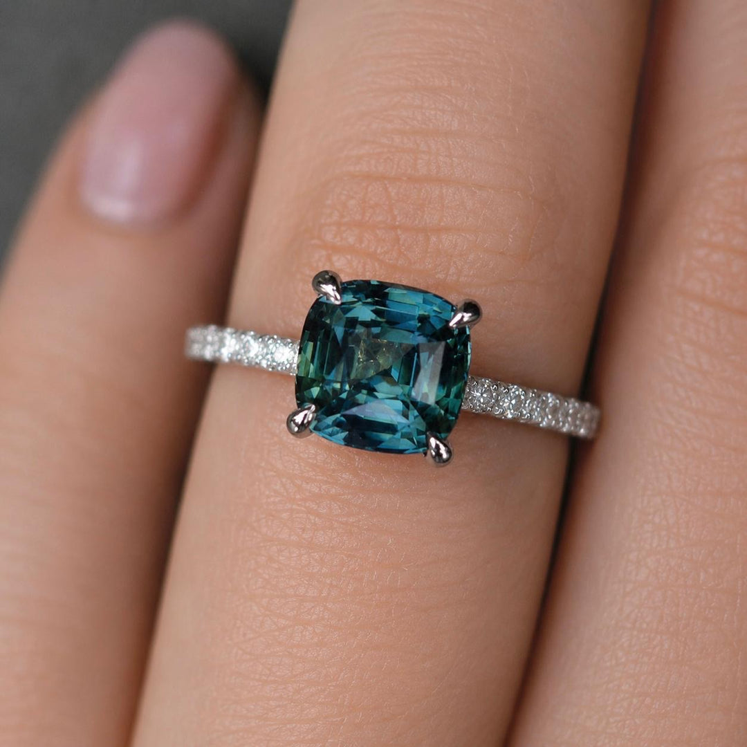 Cushion Cut Bi Color Sapphire Hidden Halo Engagement Ring in 14K Gold