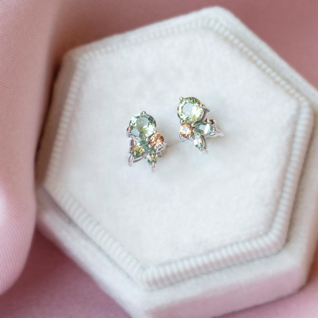 Floral Cluster Earrings with Mint Green Sapphire and Padparadscha Accents 14K Gold