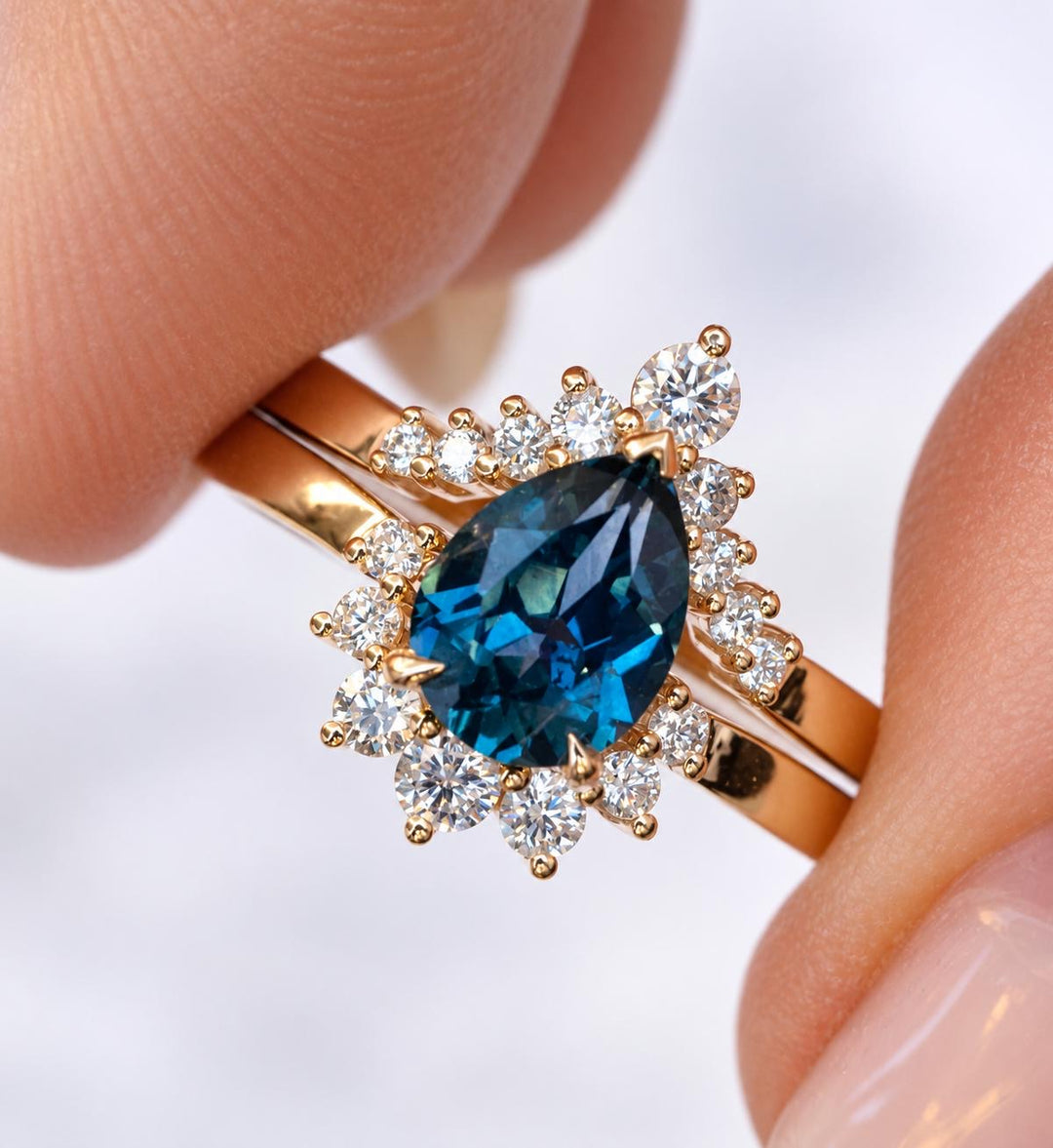 Pear Cut Teal Blue Montana Sapphire Engagement Ring Set with Natural Diamond Wedding Band in 14K Gold