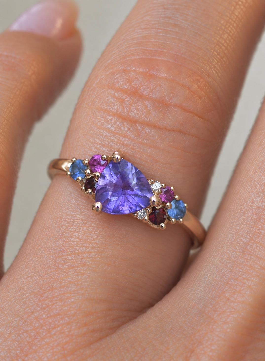 Trillion Cut Purple Sapphire Multi Stone Cluster Engagement Ring in 14K Gold