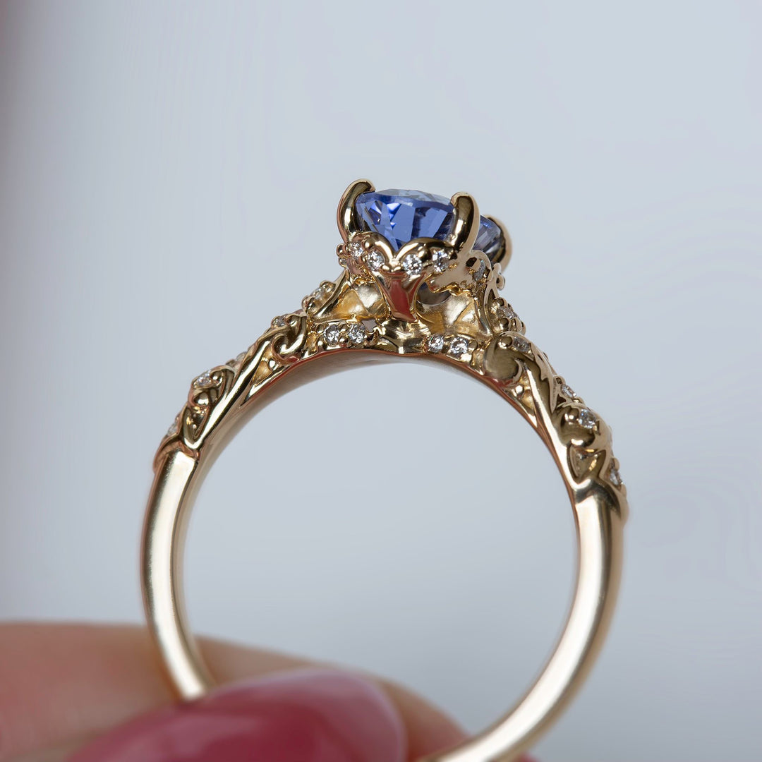 Genevieve Vintage Filigree Engagement Ring w/ Pastel Blue Oval Sapphire 14K Gold
