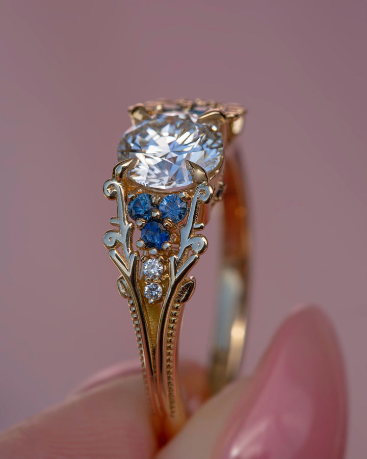 Mira Nature Inspired Diamond Engagement Ring w/ Teal Sapphires 14K Gold