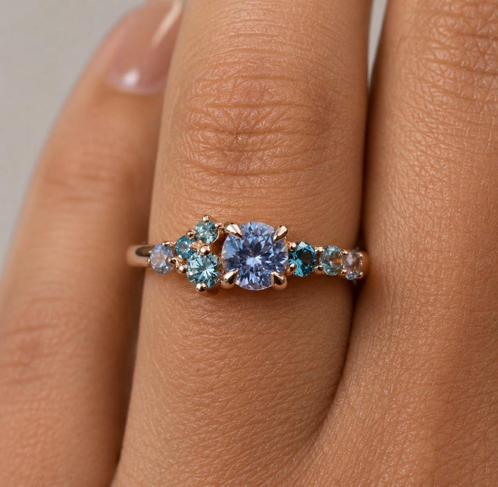 Frida Montana Sapphire Cluster Engagement Ring with Round Cut Violet Montana Sapphire in 14K Gold