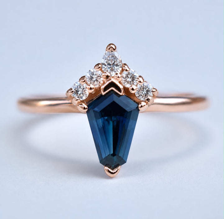 Kite Shape Teal Blue Sapphire Cluster Engagement Ring with Diamond Sunburst in 14K Gold