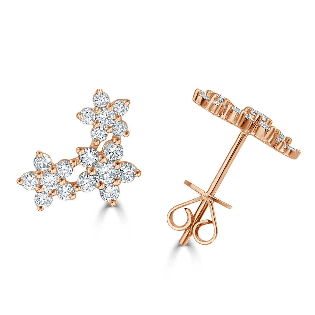 Diamond Flower Stud Earrings 14K Gold