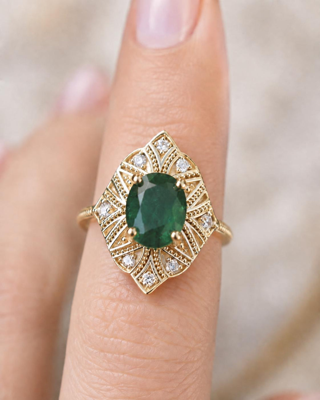 Art Deco Oval Cut Emerald Engagement Ring with Diamonds and Milgrain Shank in 14K Gold