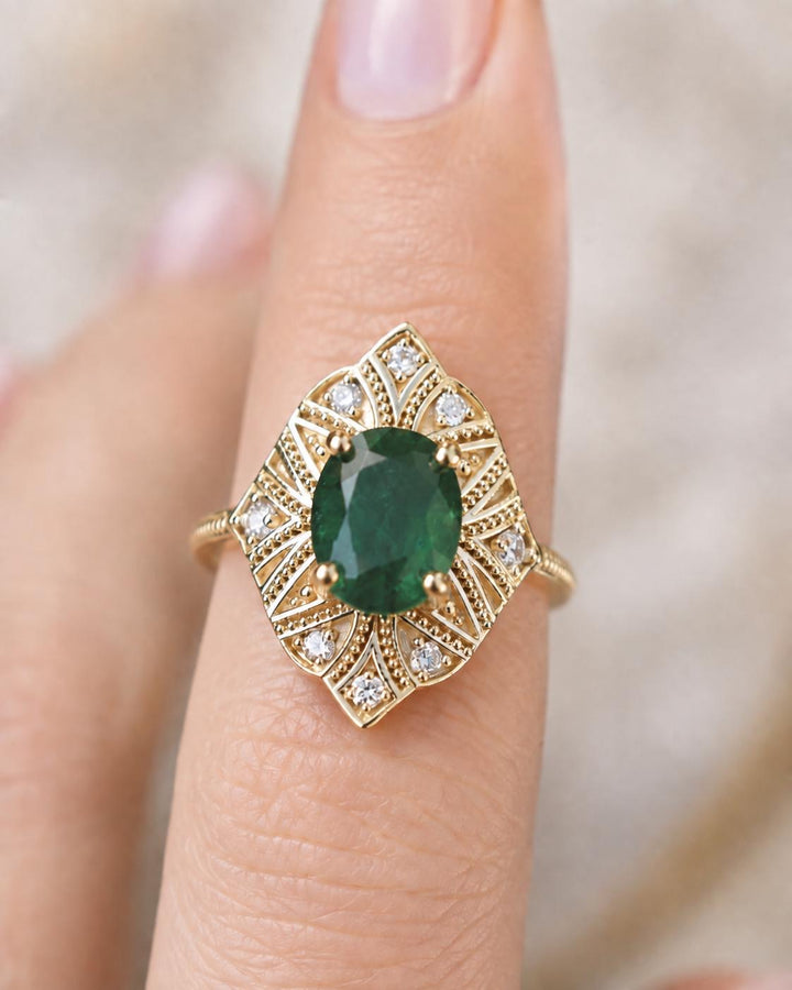 Art Deco Oval Cut Emerald Engagement Ring with Diamonds and Milgrain Shank in 14K Gold