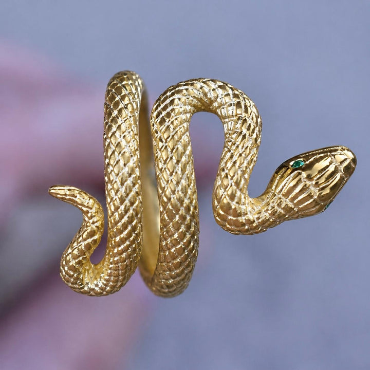 14K Gold Serpent Snake Ring with Natural Emerald Eyes