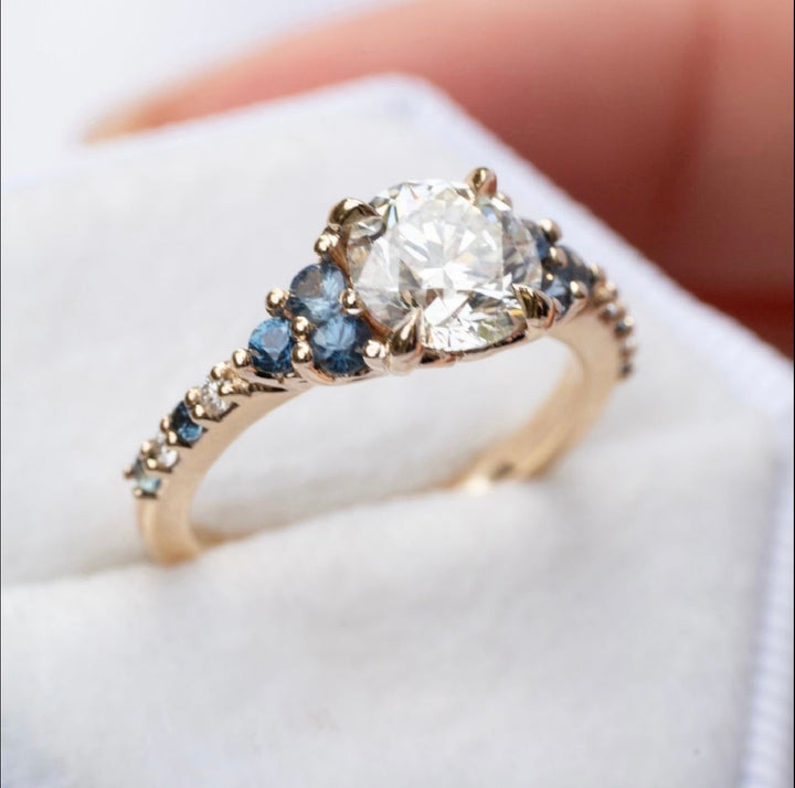 Custom Order Nature Inspired Floral Lab Grown Diamond and Sapphire Ring 14K Gold