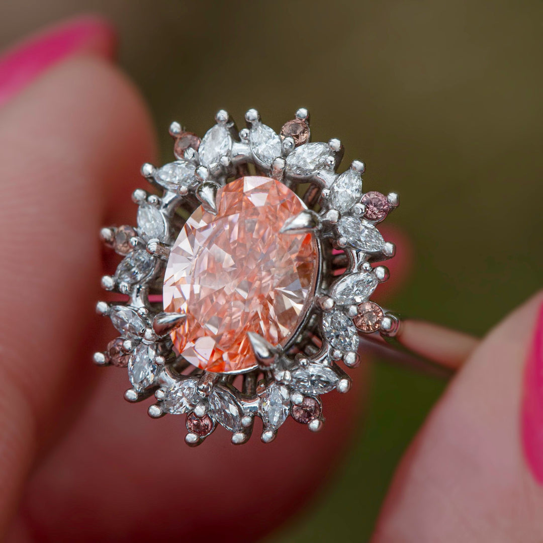 Floral Engagement Ring w/ Oval Pink Diamond and Padparadscha Sapphires 14K Gold