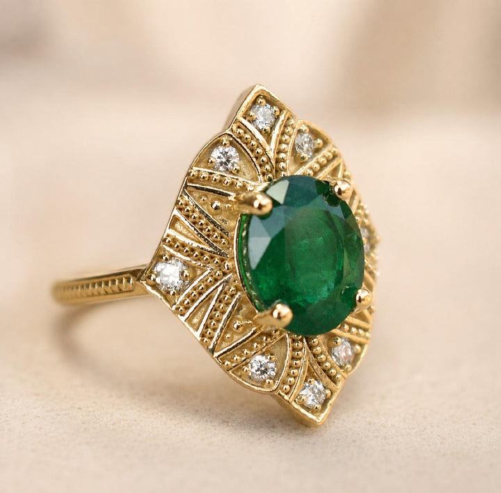 Art Deco Oval Cut Emerald Engagement Ring with Diamonds and Milgrain Shank in 14K Gold