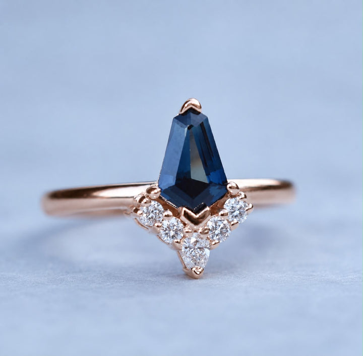 Kite Shape Teal Blue Sapphire Cluster Engagement Ring with Diamond Sunburst in 14K Gold