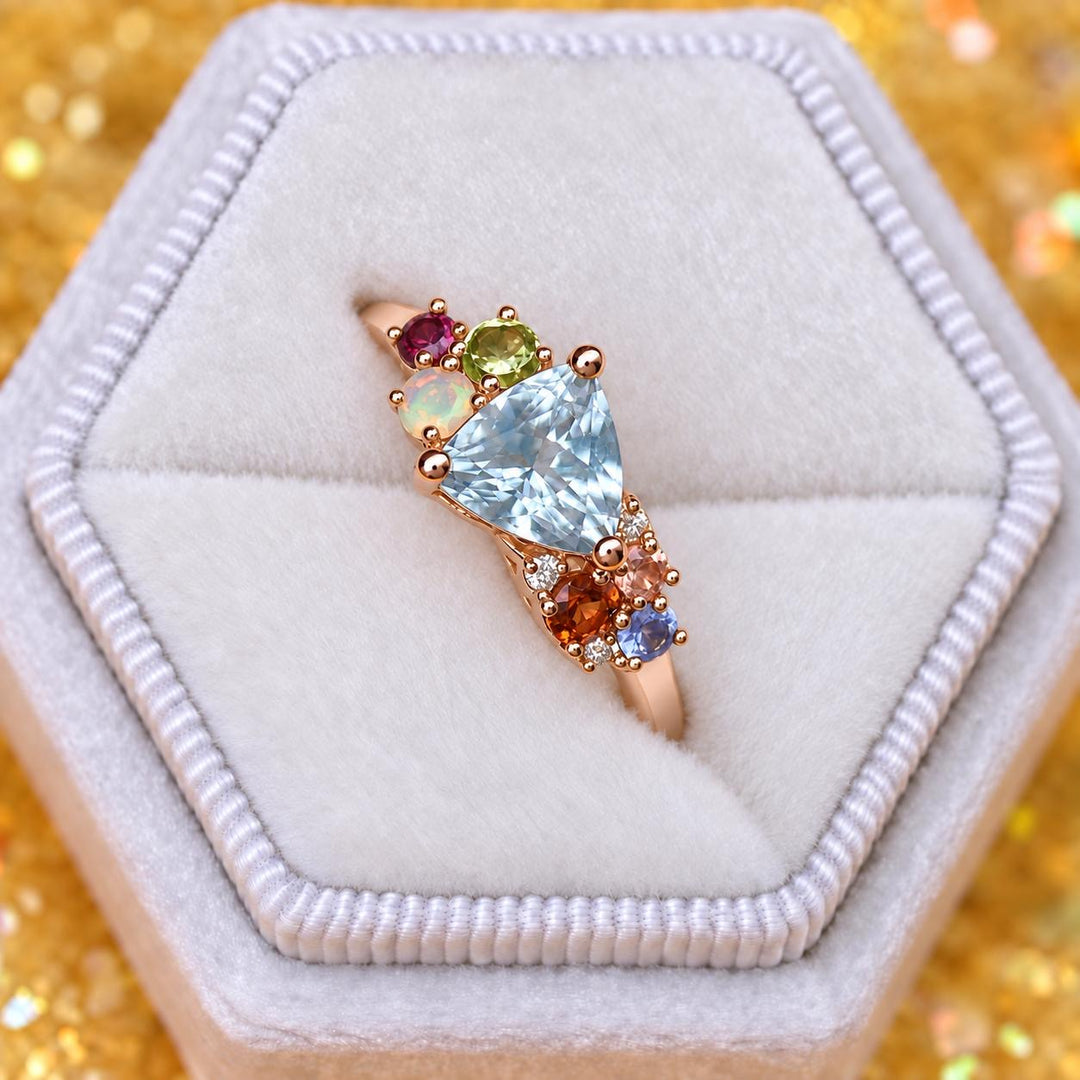 Trillion Cut Aqua Blue Aquamarine Multi Stone Cluster Engagement Ring in 14K Gold