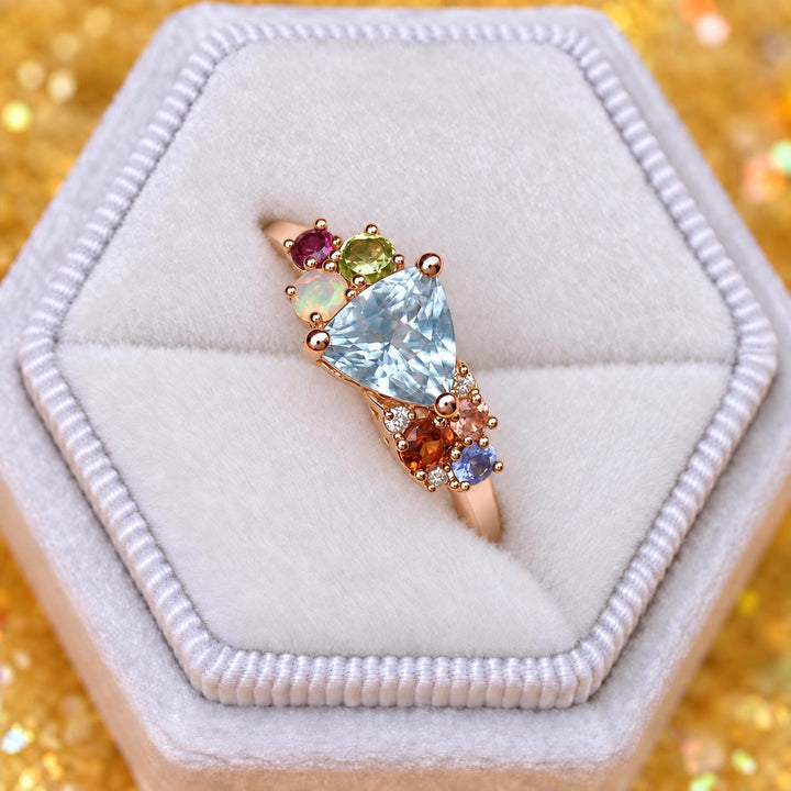 Trillion Cut Aqua Blue Aquamarine Multi Stone Cluster Engagement Ring in 14K Gold