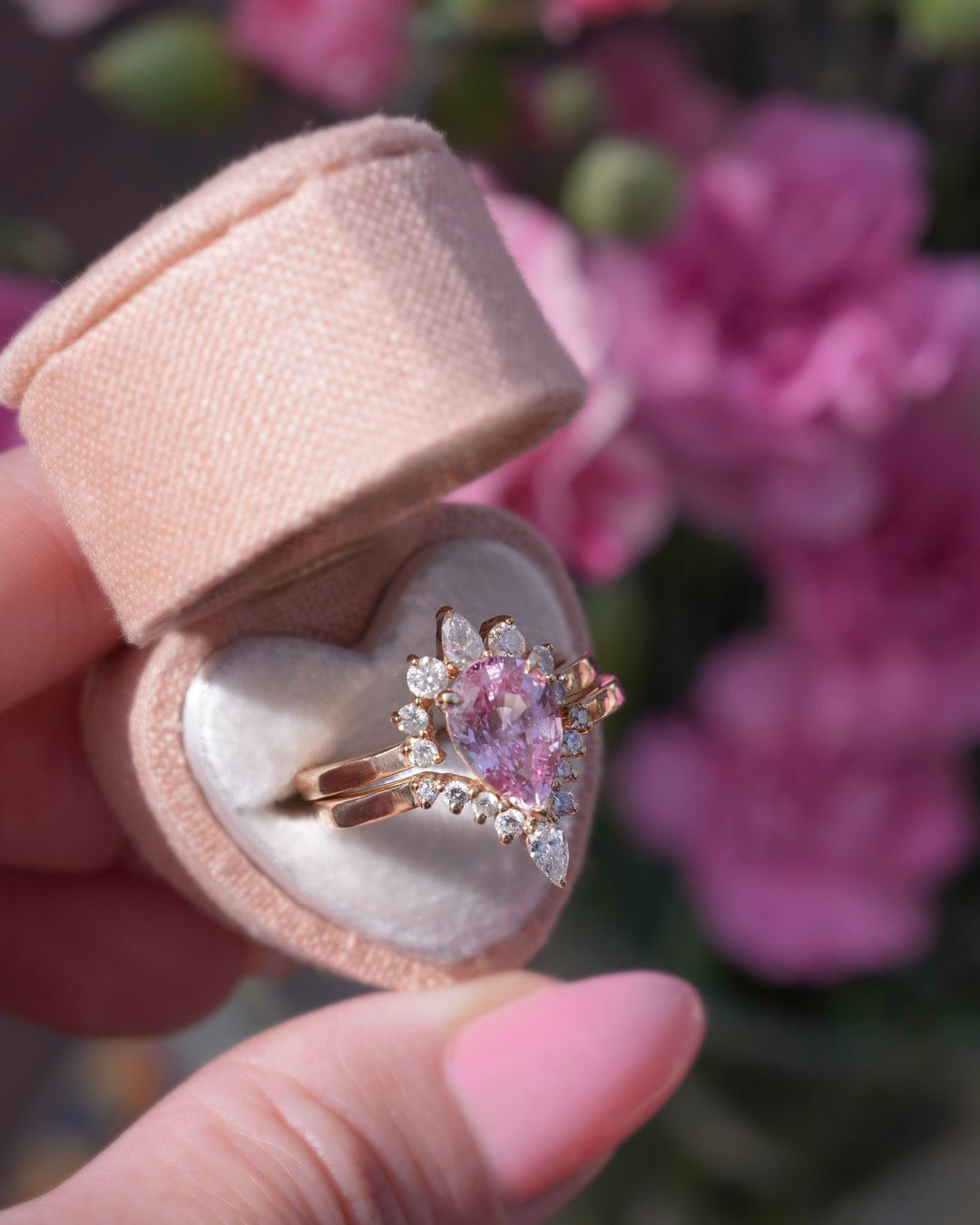 Pear Shape Pink Sapphire and Diamond Engagement Ring Set 14K Gold