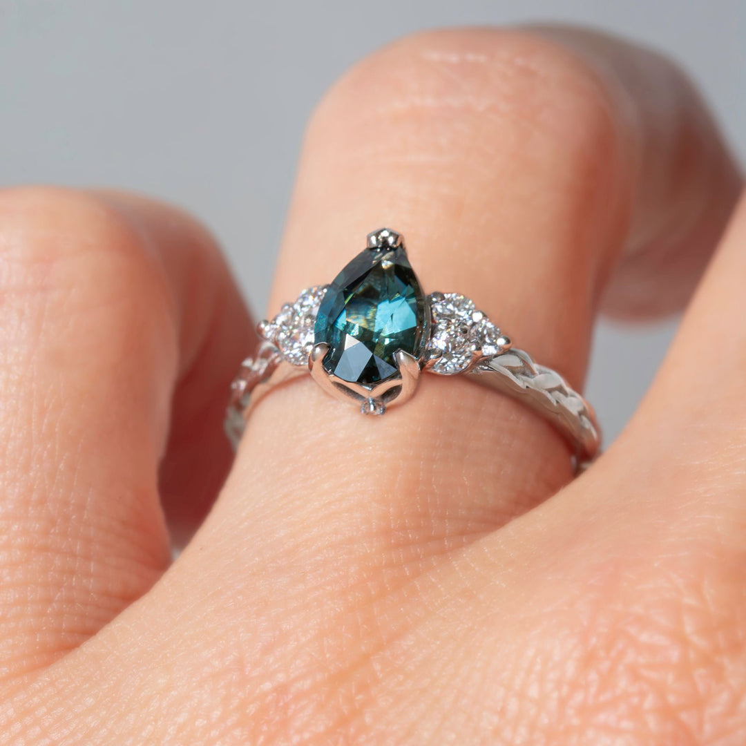 Teal Pear Sapphire and Diamond Engagement Ring with Celtic Knot Band 14K Gold