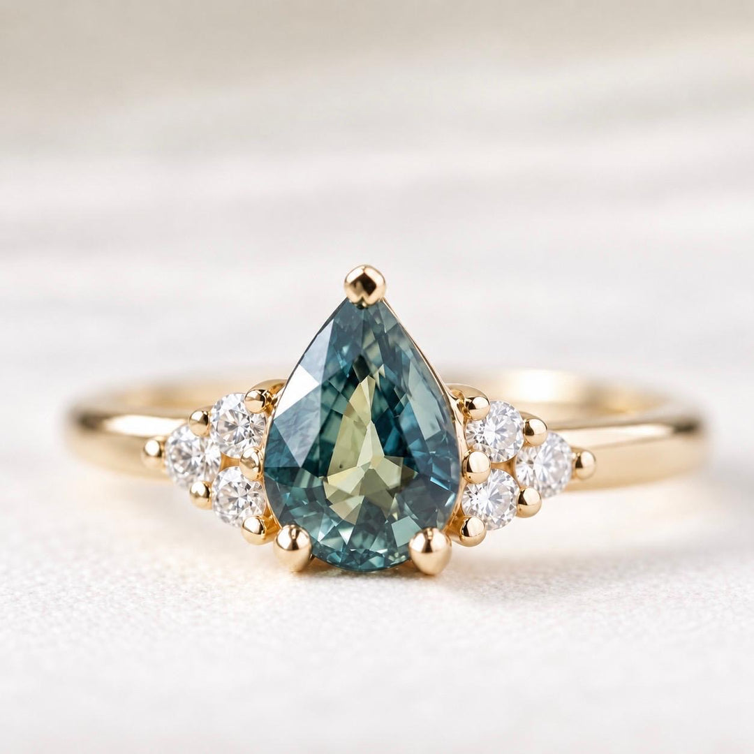 Pear Cut Teal Montana Sapphire and Diamond Engagement Ring in 14K Gold Natural Blue Green Sapphire Ring