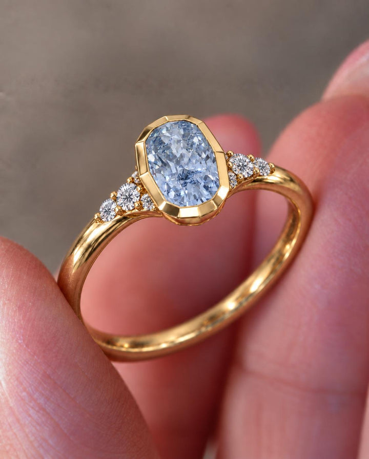 Lab Grown Fancy Vivid Blue Elongated Cushion Diamond Engagement Ring in 14K Gold|Bezel Set Diamond Ring
