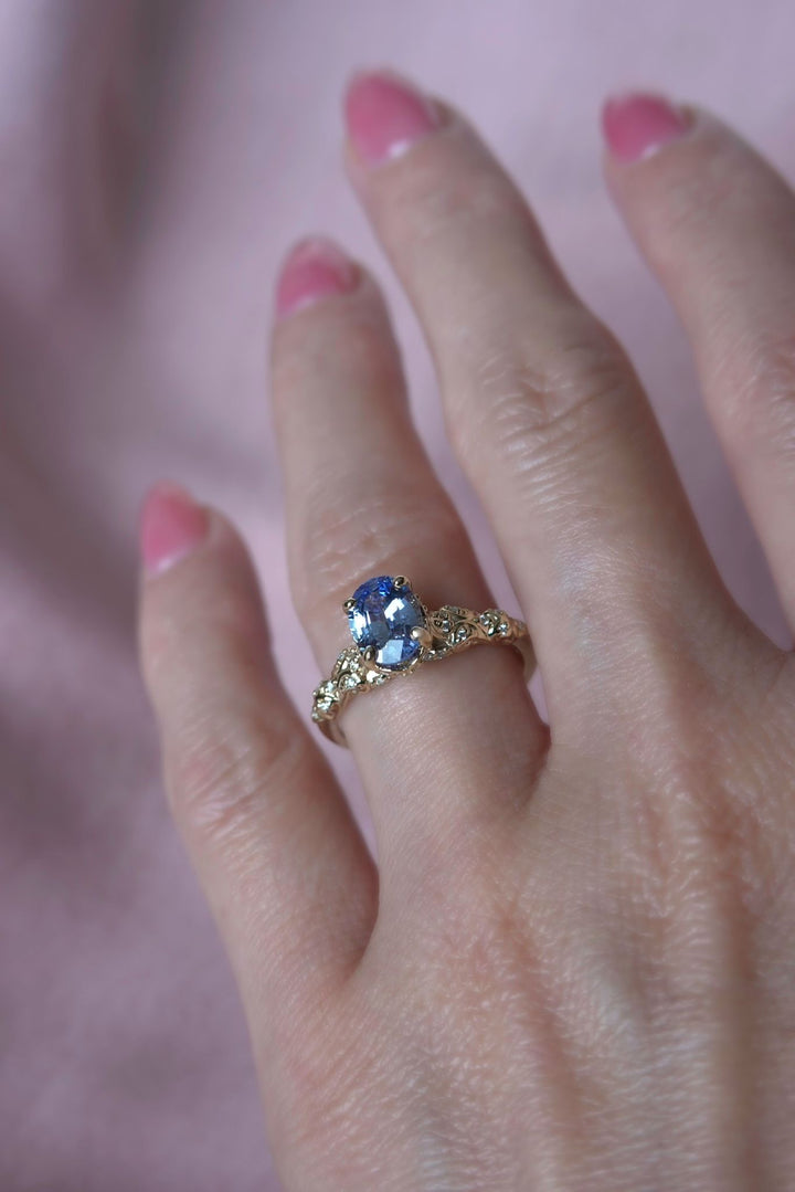 Genevieve Vintage Filigree Engagement Ring w/ Pastel Blue Oval Sapphire 14K Gold