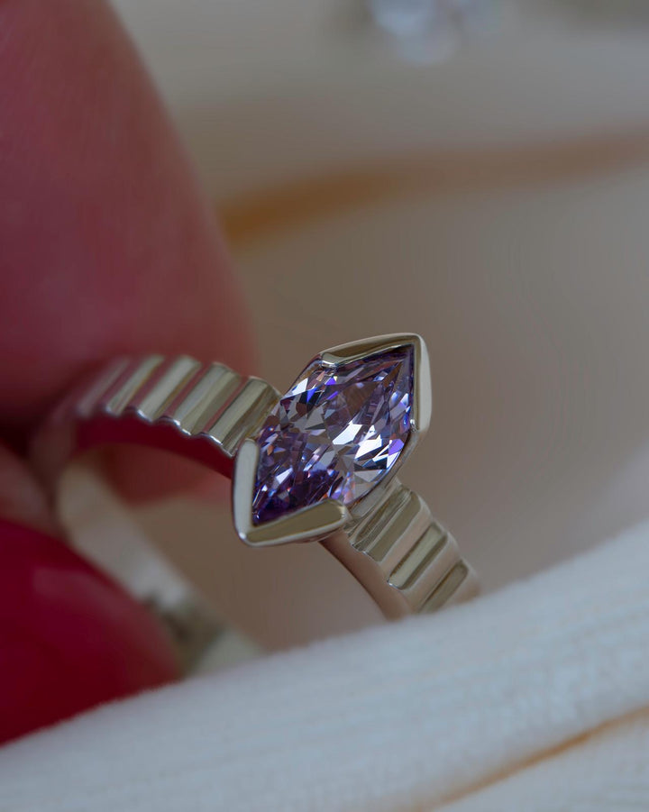 Lab Grown Lilac Marquise Sapphire Solitaire Engagement Ring – Vintage Inspired 14K Gold Ring