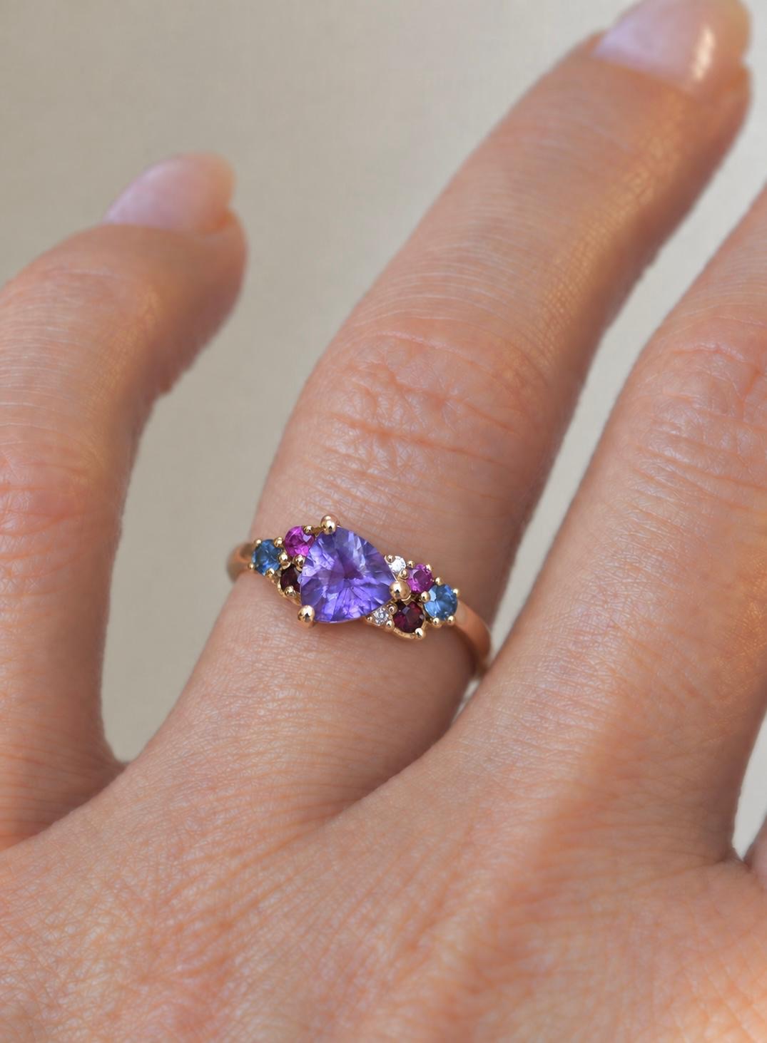 Trillion Cut Purple Sapphire Multi Stone Cluster Engagement Ring in 14K Gold