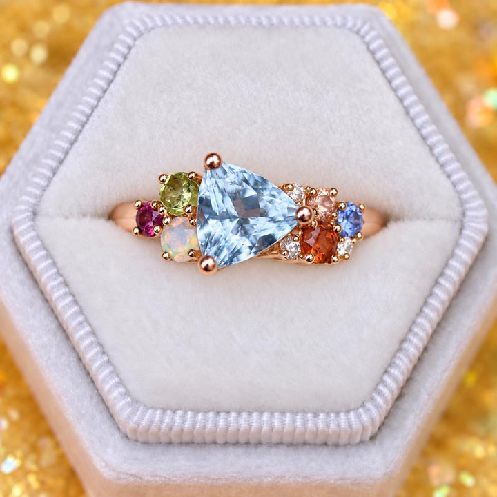Trillion Cut Aqua Blue Aquamarine Multi Stone Cluster Engagement Ring in 14K Gold