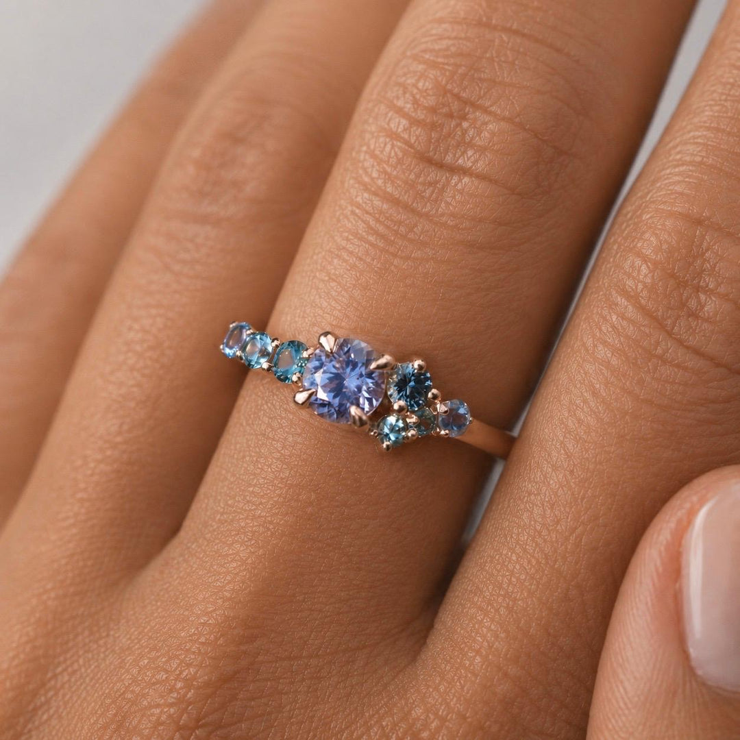 Frida Montana Sapphire Cluster Engagement Ring with Round Cut Violet Montana Sapphire in 14K Gold