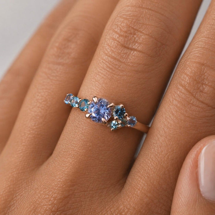 Frida Montana Sapphire Cluster Engagement Ring with Round Cut Violet Montana Sapphire in 14K Gold