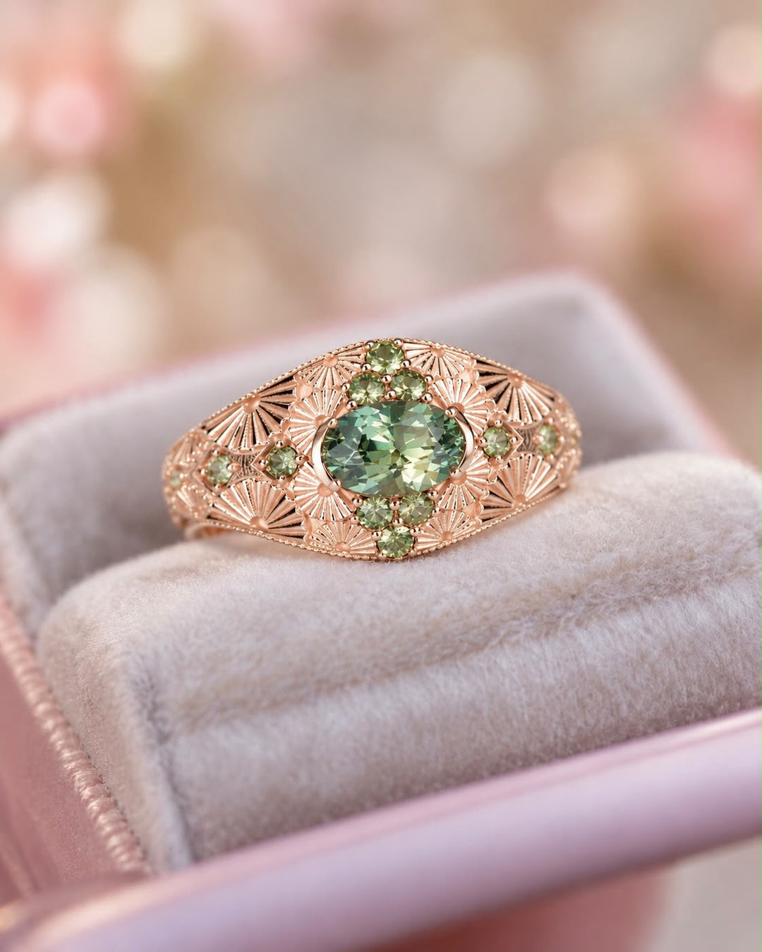 Hand Carved Floral Green Sapphire Engagement Ring in 14K Gold Natural Pastel Green Sapphire Ring