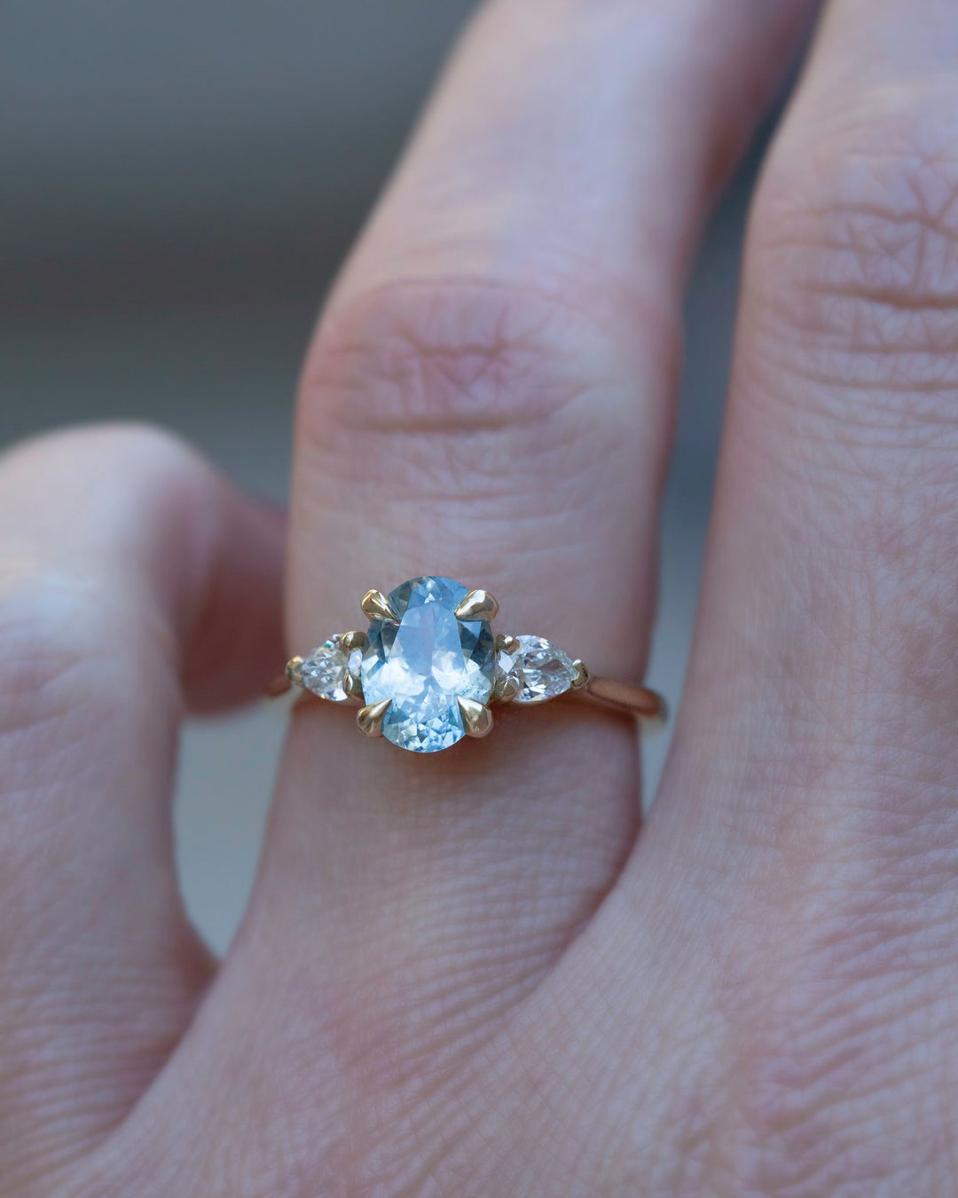 Sky Blue Oval Montana Sapphire Three Stone Engagement Ring w/ Pear