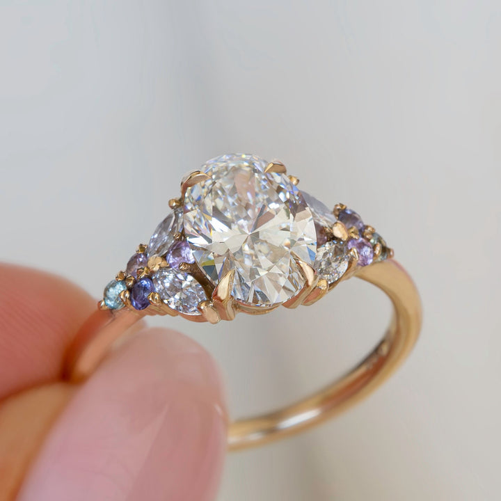 Floral Lab Grown Diamond Engagement Ring with Multicolored Sapphires in 14K Gold Nature Inspired Oval Diamond Ring