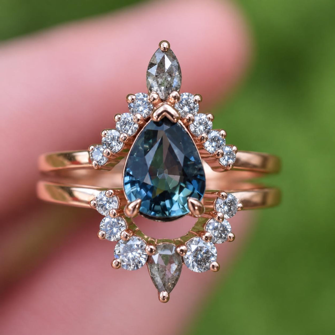 Pear Cut Blue Green Sapphire Engagement Ring Set with Salt and Pepper Diamond Wedding Band in 14K Gold