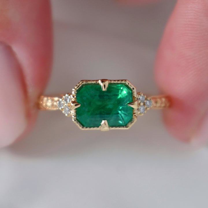 Emerald Engagement Ring with Diamonds 14K Gold