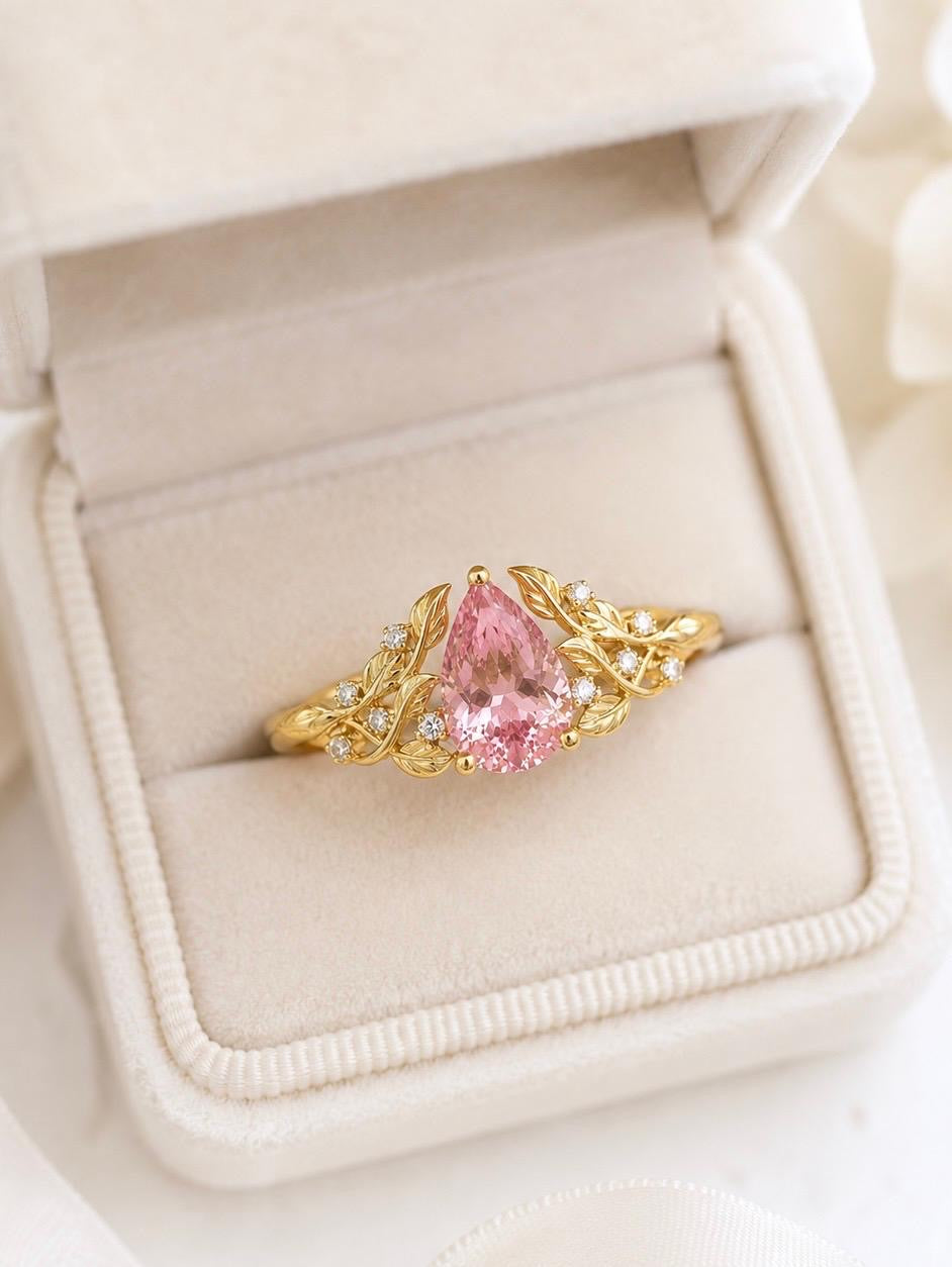 Nature Inspired Leaf Ring with Pear Cut Pink Sapphire and Diamonds in 14K Gold  Floral Sapphire Engagement Ring