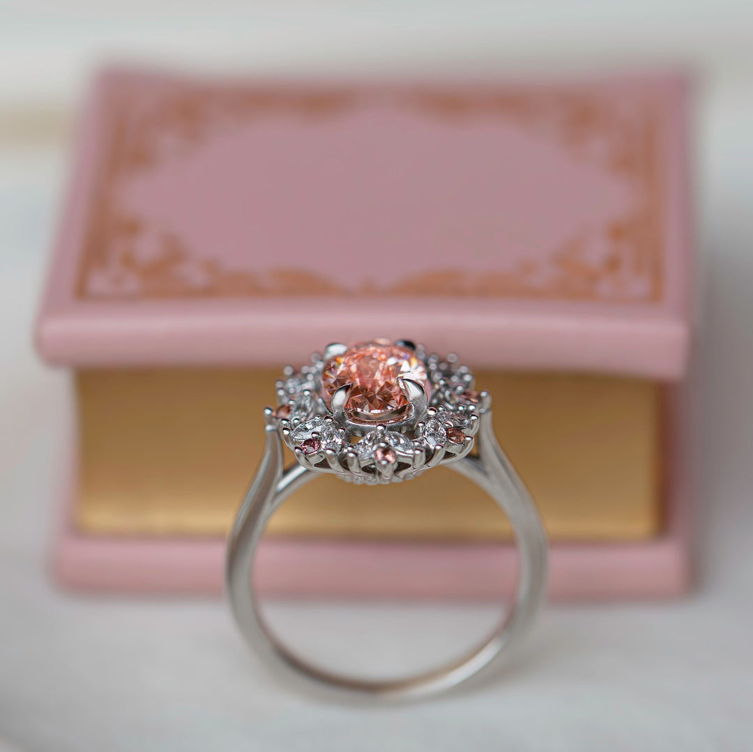 Floral Engagement Ring w/ Oval Pink Diamond and Padparadscha Sapphires 14K Gold