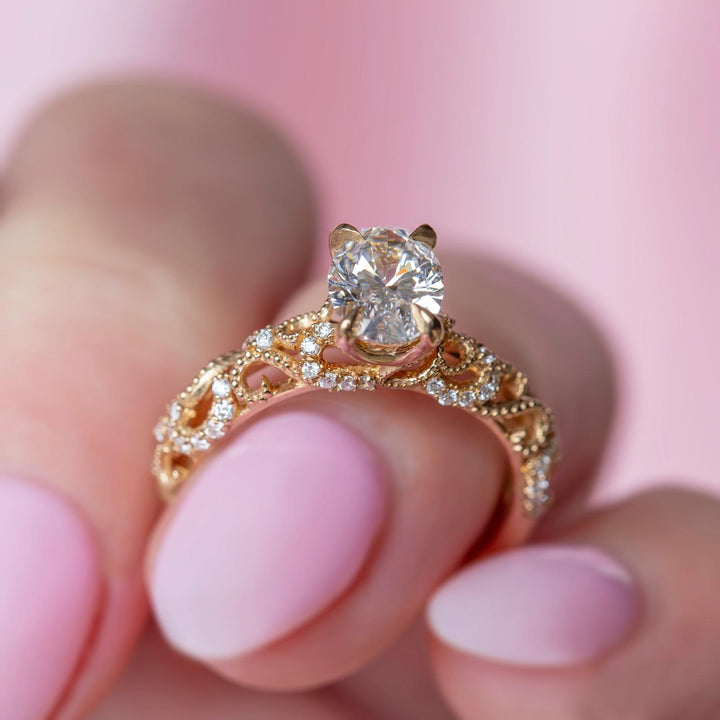Vintage Inspired Filigree Lab Grown Diamond  Oval Cut Engagement Ring 14K Gold