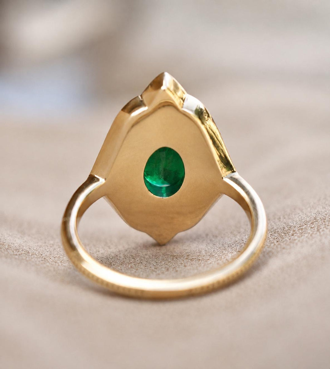 Art Deco Oval Cut Emerald Engagement Ring with Diamonds and Milgrain Shank in 14K Gold