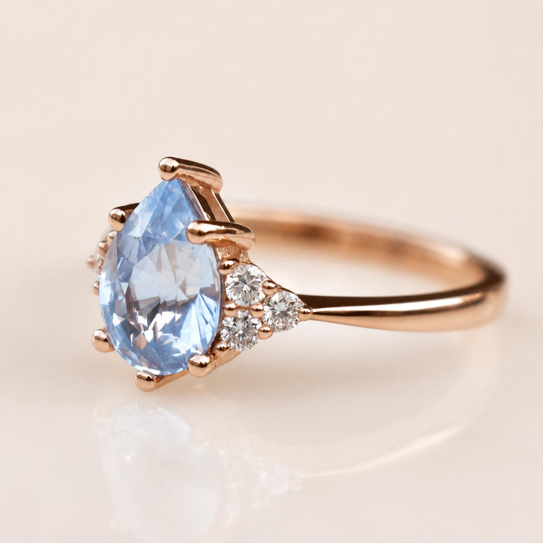 Pastel Blue Pear Cut Sapphire Engagement Ring with Natural Diamonds in 14K Gold