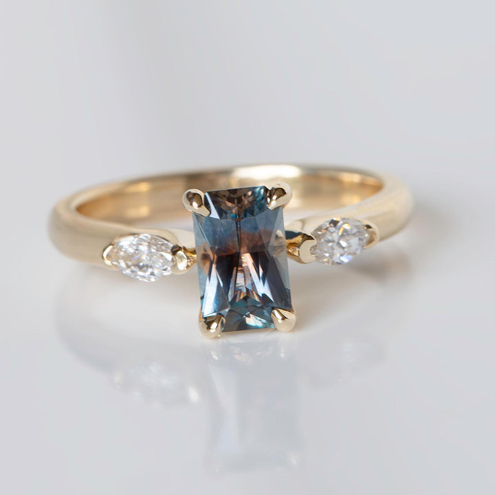 Three-Stone Emerald Cut Parti Color Montana Sapphire Ring w/ Lab-Grown Marquise Diamonds 14K Gold