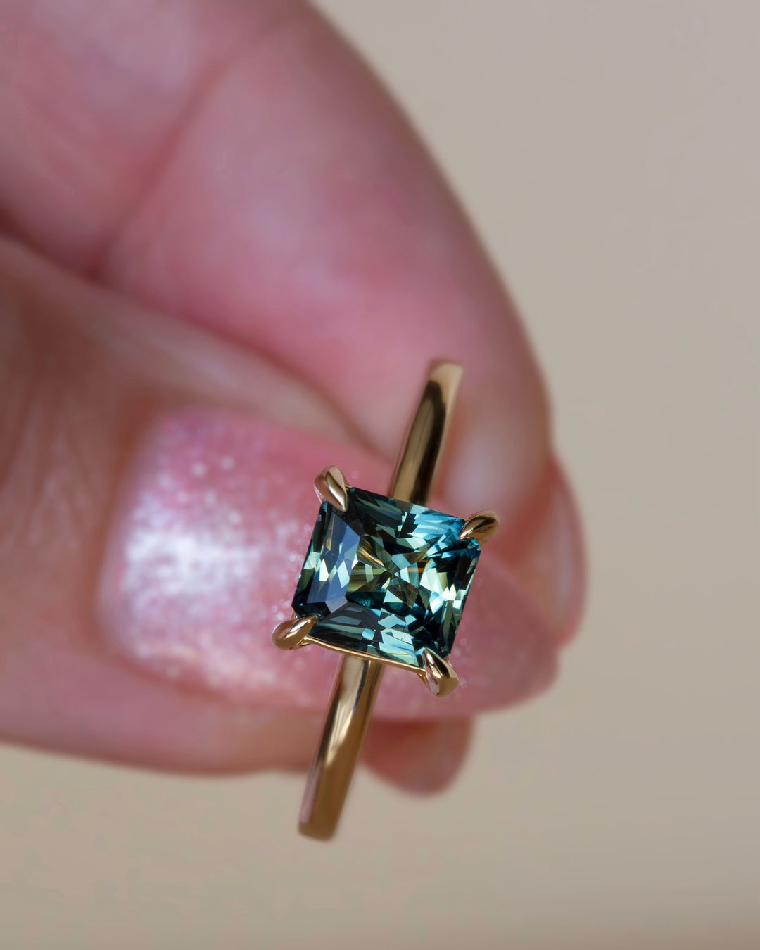 Amara Engagement Ring Set w/Green Emerald Cut Sapphire and Yellow Sapphire Milgrain Wedding Band 14K Gold