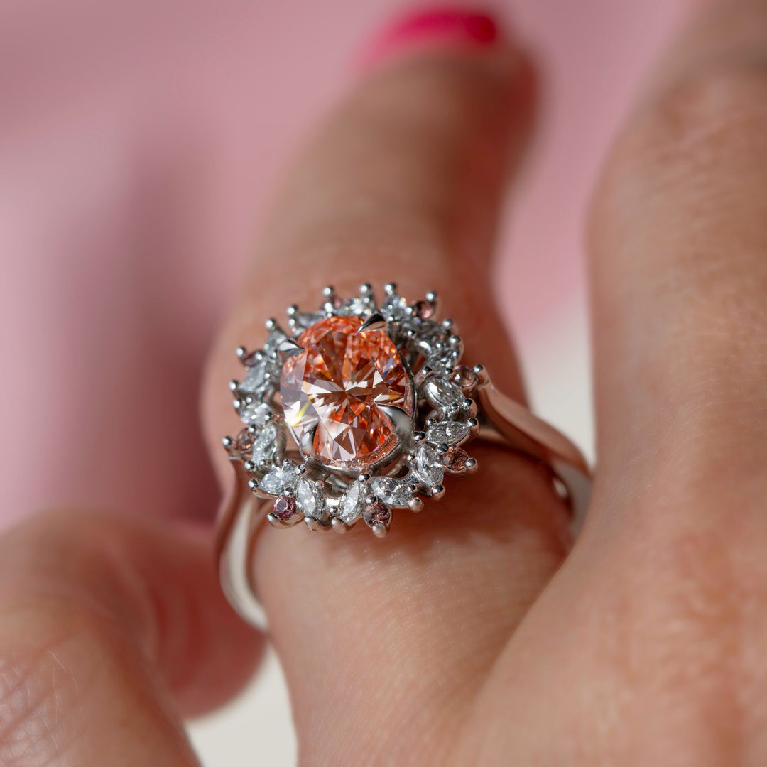 Floral Engagement Ring w/ Oval Pink Diamond and Padparadscha Sapphires 14K Gold