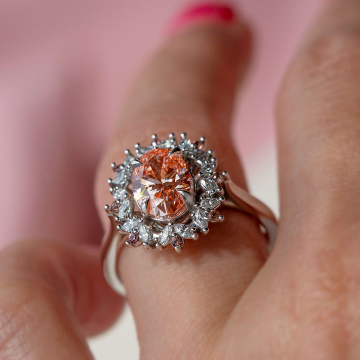 Floral Engagement Ring w/ Oval Pink Diamond and Padparadscha Sapphires 14K Gold