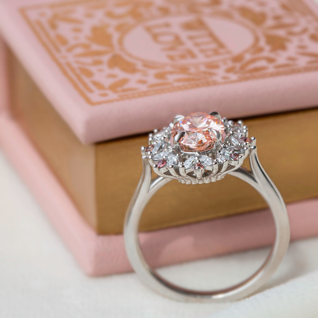 Floral Engagement Ring w/ Oval Pink Diamond and Padparadscha Sapphires 14K Gold