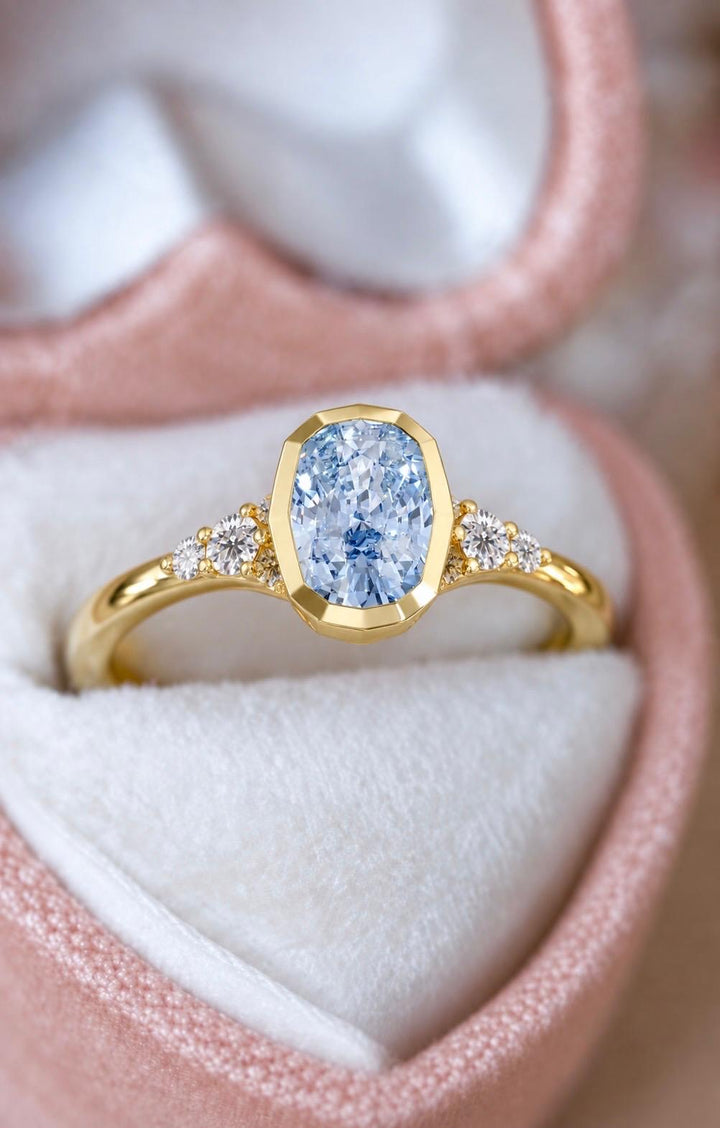 Lab Grown Fancy Vivid Blue Elongated Cushion Diamond Engagement Ring in 14K Gold|Bezel Set Diamond Ring