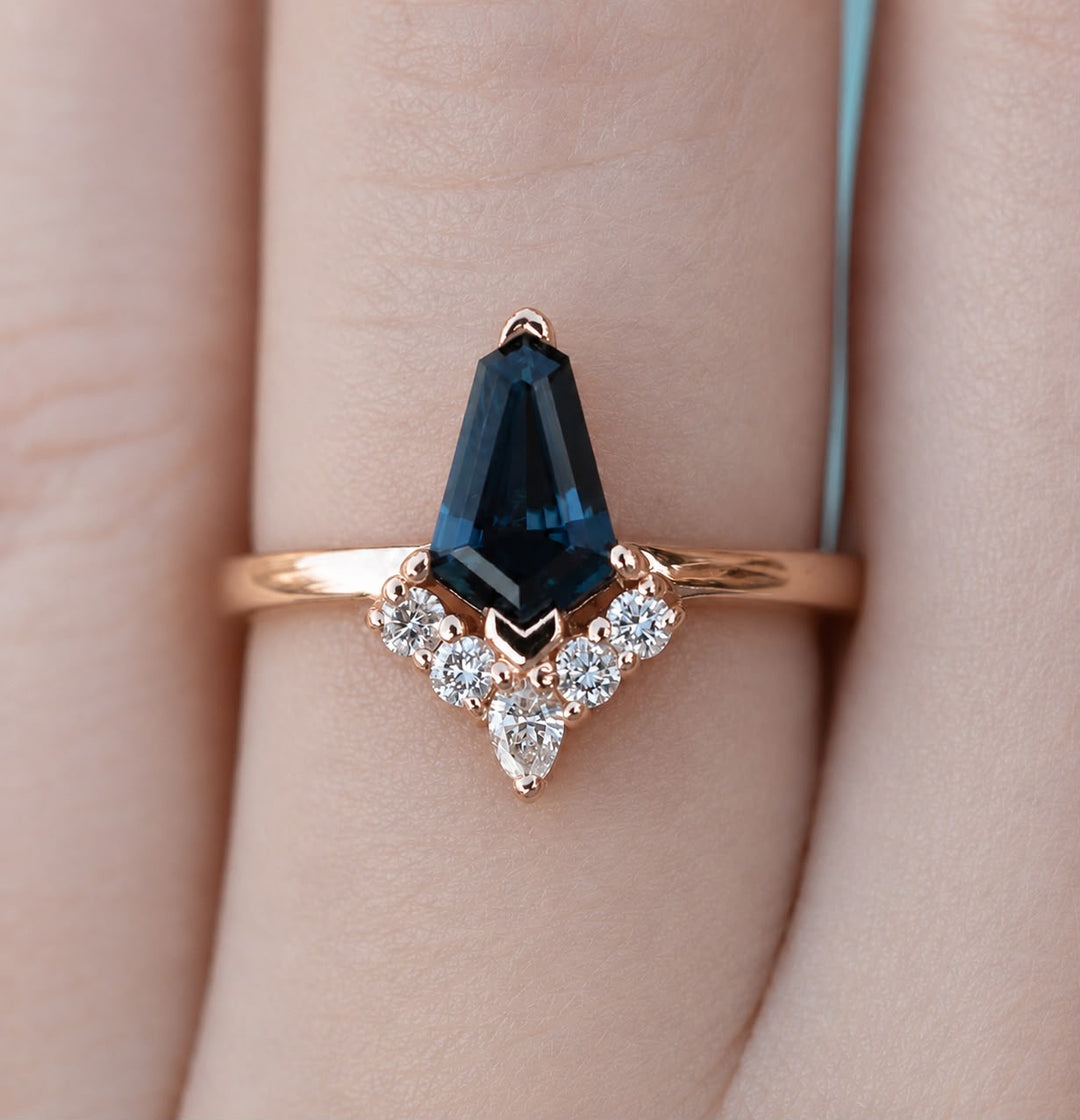 Kite Shape Teal Blue Sapphire Cluster Engagement Ring with Diamond Sunburst in 14K Gold