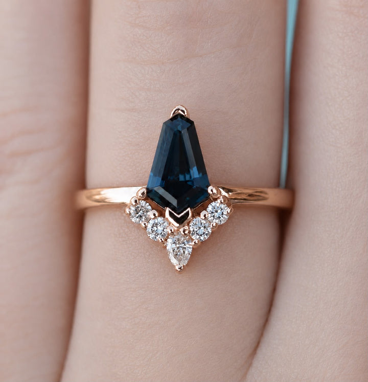 Kite Shape Teal Blue Sapphire Cluster Engagement Ring with Diamond Sunburst in 14K Gold