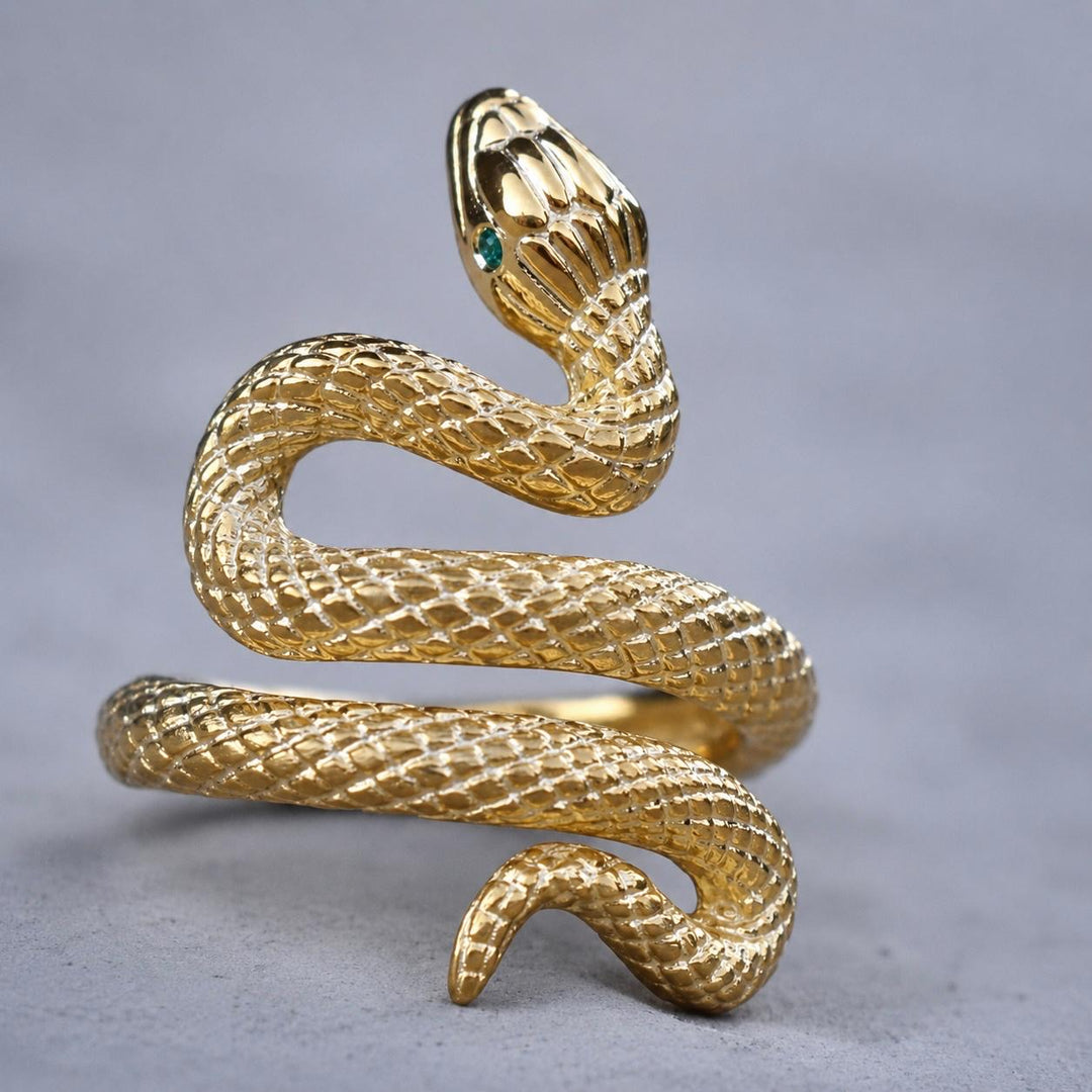 14K Gold Serpent Snake Ring with Natural Emerald Eyes