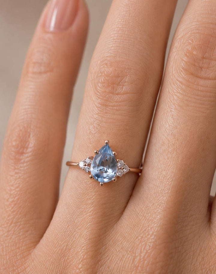 Pastel Blue Pear Cut Sapphire Engagement Ring with Natural Diamonds in 14K Gold