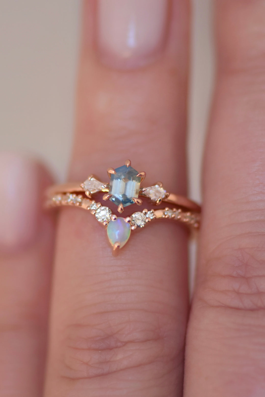 Cluster Hexagon Light Blue Sapphire Ring And Opal Diamond Band 14K Gold