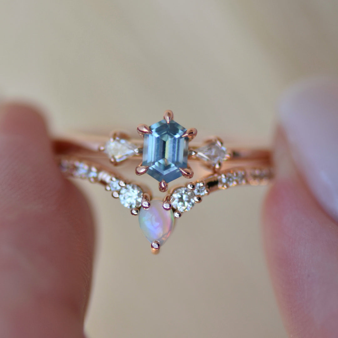 Cluster Hexagon Light Blue Sapphire Ring And Opal Diamond Band 14K Gold